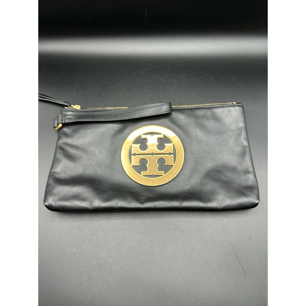 Tory Burch Black Leather Charlie Clutch Wrist bag Gold Logo Medallion W Dust Bag